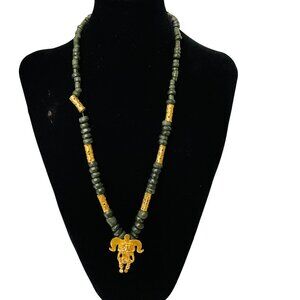 Gold & Green Stone Beaded Necklace With Tribal Pendant 26"